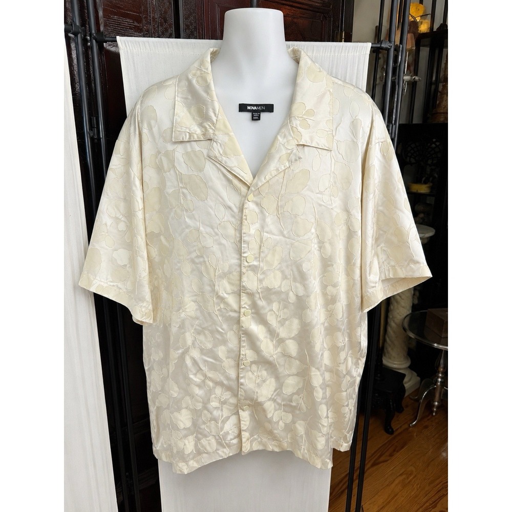 NOVAMEN Men's Satin Floral Jacquard Button Up Camp Shirt XXXL